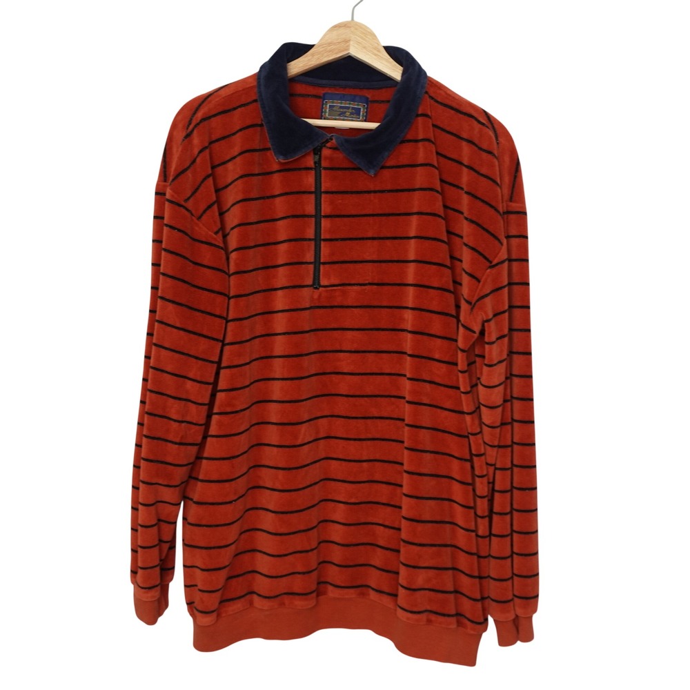 Vintage 70s Sweater Mens L Orange Navy Striped Velour Quarter Zip Retro Polo